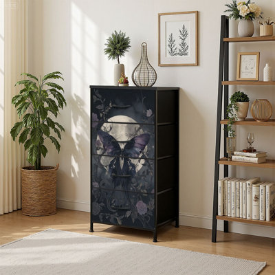 4 Drawer Vertical Storage Dresser Gothic Art Dark Fantasy Scene Butterfly with Wood Top Fabric Pull Drawers by Dakota Fields