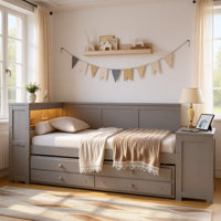 Full Size Daybed with Storage Shelves, Drawers, Trundle, Desk, LED Light and Charging Station, Multifunctional Wooden Daybed with Cabinet for Bedroom by Latitude Run