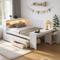 Full Size Daybed with Storage Shelves, Drawers, Trundle, Desk, LED Light and Charging Station, Multifunctional Wooden Daybed with Cabinet for Bedroom by Latitude Run