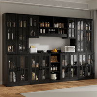 Large Kitchen Hutch Cabinet, Storage Cupboard Pantry With Window Pane Glass Doors & Microwave Shelf by One Allium Way