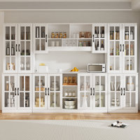 Large Kitchen Hutch Cabinet, Storage Cupboard Pantry With Window Pane Glass Doors & Microwave Shelf