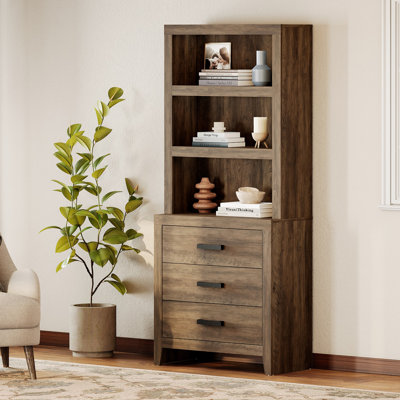 3 Tier Bookshelf With 3 Large Drawer, 74" Tall Modular Bookshelf With Wide Metal Handles, Farmhouse Bookcase Organizer For Living Room, Office, Librar by Ophelia & Co.