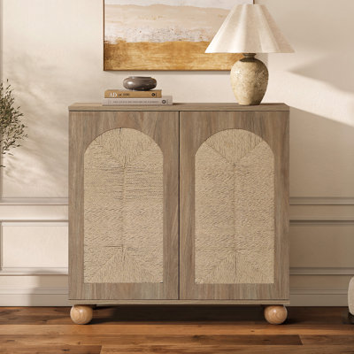 2-Door Natural Oak Finish Manufactured Wood Cabinet with Pine Round Ball Legs