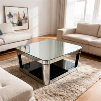 Modern Mirrored Coffee Table With Beveled Glass Top & Hollowed-Out Edges, Sturdy MDF Frame, Suitable For Living Rooms, Etc. by Ivy Bronx