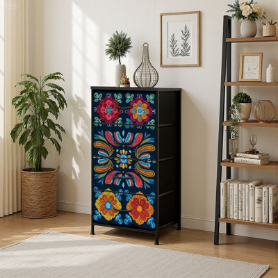 4 Drawer Vertical Storage Dresser decorative floral embroidery ornament for textile with Wood Top Fabric Pull Drawers by Dakota Fields