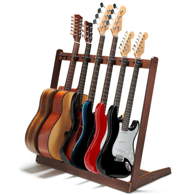 Guitar Stand, Black Walnut Wood Multi Guitar Rack For 5 Acoustic, 7 Electric Or 7 Bass, Hardwood Instrument Racks For Men, Wooden Floor Acoustic Stand by George Oliver