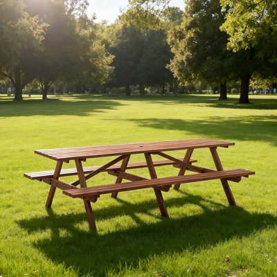 Extra Large 95-Inch Rustic Brown Outdoor Picnic Table Set With Benches - Fits 12 Persons Comfortably