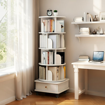 5 Tier Rotating Bookshelf, 360° Display Round Spinning Bookshelf with Wheels, Space-Saving, Small Space Rotating Bookshelf Tower for Bedroom, Living R by Latitude Run