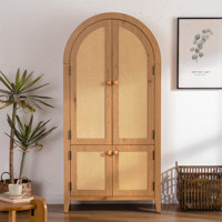 Arched Kitchen Pantry Cabinet, 63.39" Tall Arched Bookcase Rattan Storage Cabinet With Doors Adjustable Shelves,Farmhouse Freestanding Cupboard For Ba by Dakota Fields