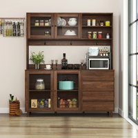 63" W Large Kitchen Hutch Cabinet, Freestanding Pantry Cabinets Storage Kitchen Cupboard With 4 Doors, 4 Drawers & Microwave Shelf, Walnut by Red Barrel Studio