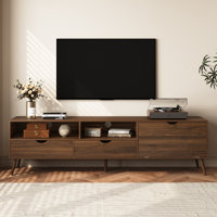 Mid Century TV Stand for TVs up to 80 Inch, Media Console Table with 2 Drawers and Drop-Down Door, Natural by George Oliver