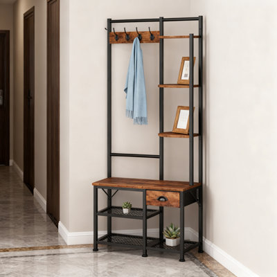 4-In-1 Entryway Hall Tree With Bench, Coat Rack With 5 Hooks, 3-Tier Storage Shelves And Removable Fabric Drawer For Shoe Storage And Entryway Organiz by 17 Stories