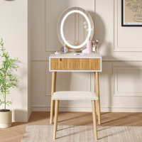 Small Vanity Desk With Mirror And Lights, Wooden Handles With Cushioned Stool by George Oliver