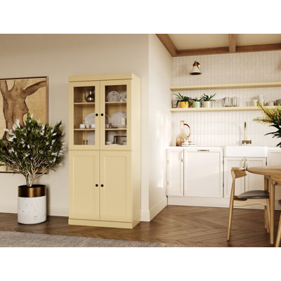 100% Solid Wood Pantry Cabinet, Clear Glass & Shaker Doors, Adjustable Shelves, 32" Wide, 71.5" Tall by One Allium Way