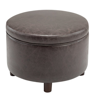 Classic Round Storage Ottoman Footstool With Removable Lid, Upholstered Faux Leather/Fabric, Wooden Legs For Living Room & Bedroom by George Oliver