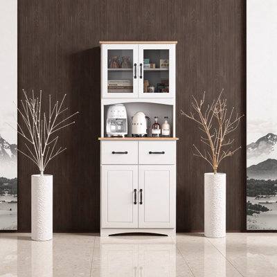 White Wooden Kitchen Cabinet with Glass Doors & Drawer - Freestanding Pantry Storage Hutch for Microwave, Dishes & Kitchen Essentials, 23.6" L x 15.7"