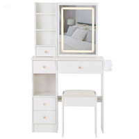 Compact 29.2 Inch Vanity Table Set With LED Mirror, Power Station, And Padded Stool For Small Spaces, Featuring Tri-Color Lighting And Hair Dryer Brac by Ivy Bronx