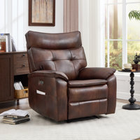 35.8" Wide Sleek Modern Top Genuine Leather Upholstered Power Recliner With Side Pocket & USB Port