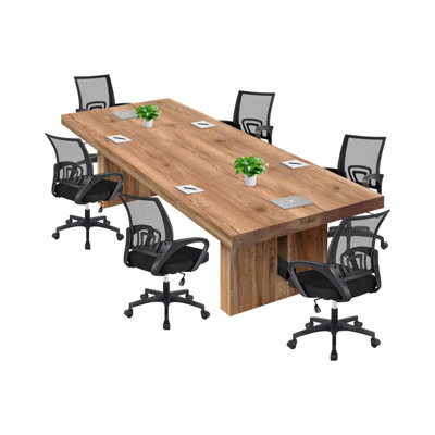 Modern Natural Wood-tone Rectangular Solid Wood Conference Table And Chair Set With Black Mesh Office Chairs by Millwood Pines