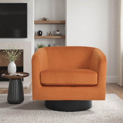 Everett Applewold Upholstered Velvet Swivel Barrel Chair with Solid Wood Base by Mercer41