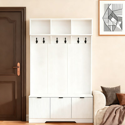 2-Meter Entryway Storage Organizer with Open Shelves, Hooks & Cabinet - Multipurpose Hallway Closet Organizer, Shoe Rack & Coat Stand for Modern Homes by Lark Manor