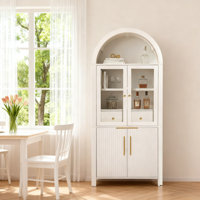 71" Tall Fluted Pantry Cabinet With Arched Glass Doors & Adjustable Shelves, Elegant Storage Display For Kitchen, Living Room And Dining Room