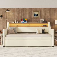 Daybed Frame With Trundle And Two Armrests, Upholstered Daybed With Charging Station And LED Lights by Latitude Run