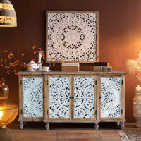4-Door Hollow-Carved Accent Cabinet, Distressed Wood Storage Cabinet Cupboard With Adjustable Shelves,Unique Design For Kitchen, Dining Room, Living R by Bungalow Rose
