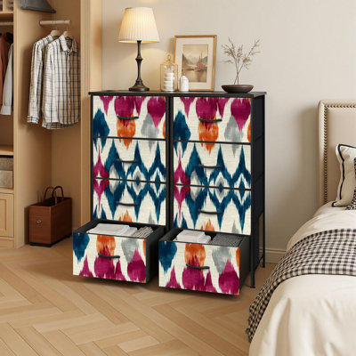 4 Drawer Vertical Storage Dresser ethnic tribal handmade Ethnic abstract art with Wood Top Fabric Pull Drawers by Dakota Fields