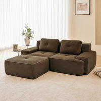 Wide Tufted Corduroy Comfy Cloud Couch L-Shaped Modular Sectional Sofa Couch with Deep Seat and Movable Ottoman by Mercer41