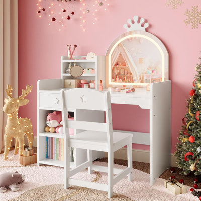Kids Vanity Table with Mirror & Lights, Pink Makeup Desk with Drawer & Storage Shelves by Mercer41