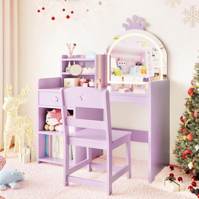 Kids Vanity Table with Mirror & Lights, Pink Makeup Desk with Drawer & Storage Shelves by Mercer41