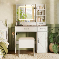 Vanity Desk with Mirror & Power Outlets Dressing Table with 3 Color lighting by George Oliver