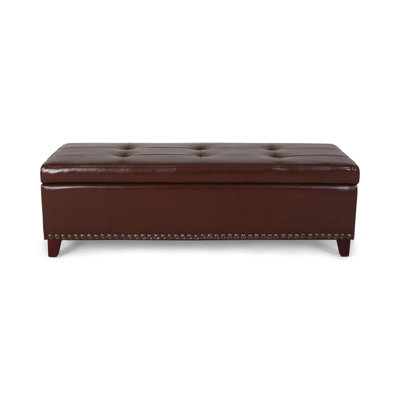 Chestnut Leather 51" Large Storage Ottoman Bench - Tufted Waffle Stitch With Nailhead Trim, Hinged Lid Foot Rest For Living Room/bedroom by Wildon Home