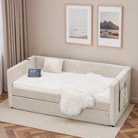 Diamond Grid Velvet Daybed With Usb Charging, Side Pocket And Trundle by Everly Quinn