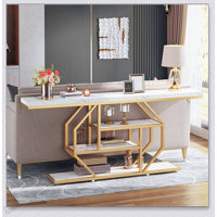 70.9 Inch Extra Long Console Table With Modern Gold Frame, Faux Marble Top, And 4-Tier Storage For Elegant Home Decor by Latitude Run