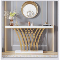 59 Inch Gold Console Table, Modern Faux Marble Entryway Table With Grid Metal Base, Narrow Accent Sofa Table For Living Room, Hallway, Foyer by Ivy Bronx