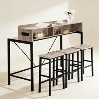 4-piece bar table and chairs set, bar table with LED light and 3 saddle stools by Ebern Designs