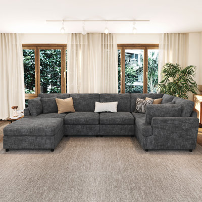 127" U-Shaped Sectional Sofa With Movable Ottoman, 6-Piece Chenille Fabric Sofa Set, Convertible Modular Corner Couch With Sturdy Pine Wood Frame by Ivy Bronx