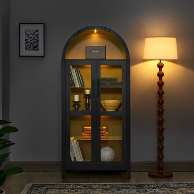 Modern Retro-style Wooden Storage Cabinet With Lamp, Adjustable Glass Shelves, And High-arched Design—perfect As A Multi-functional Kitchen Cabinet. by George Oliver