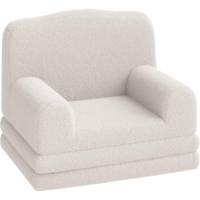 Kids Couch, 2 in-1 Comfy Toddler Couch Fold Out, Convertible Sofa to Lounger Foam Kids Chair with Soft Sherpa (Beige-Crown, Large) by Ebern Designs