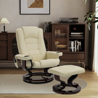 Massage Recliner with Ottoman Swivel Wood Base, Adjustable Recline, Faux Leather Lounge Chair with Footrest for Living Room and Bedroom, Beige by Inbox Zero