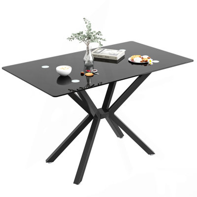 47.24" Rectangular Tempered Glass Dining Table,Stylish Design With Metal Legs, Kitchen Table For Dining Room by Wrought Studio