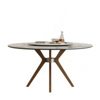 59-Inch Modern Sintered Stone Dining Table, Equipped With A 35-Inch Round Turntable, Seating 6-8 People, Round Table With Walnut-Colored Wood Base by Hokku Designs