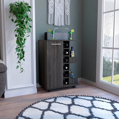 Bar Cart, Two External Shelves, Four Casters, Six Built-In Wine Rack, Single Door Cabinet by Latitude Run