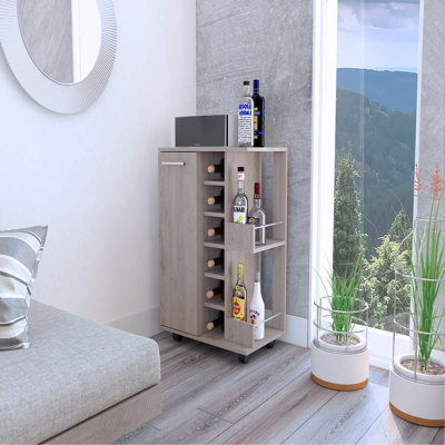 Bar Cart, Two External Shelves, Four Casters, Six Built-In Wine Rack, Single Door Cabinet by Latitude Run