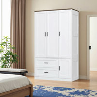 3-door Freestanding Wardrobe Closet With Drawers & Adjustable Shelves, White, 70.6" H by Ebern Designs