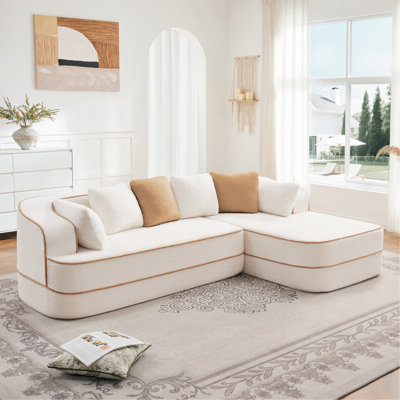 106" Teddy Fabric No Assembly 32D Boneless Sofa,Contrast Color Design,Fluffy Comfy Couch With L-Shaped Chaise,For Living Room,Camel by Latitude Run