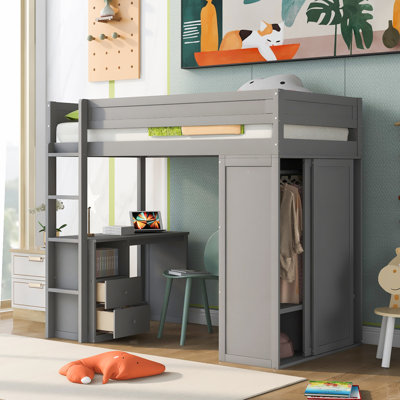 Wood Full Size Loft Bed With Wardrobes And 2-Drawer Desk With Cabinet by Latitude Run