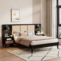 Queen Size Wood Bed With 2 Nightstands, Elegant Design With Lamps, Wood Combination by Corrigan Studio